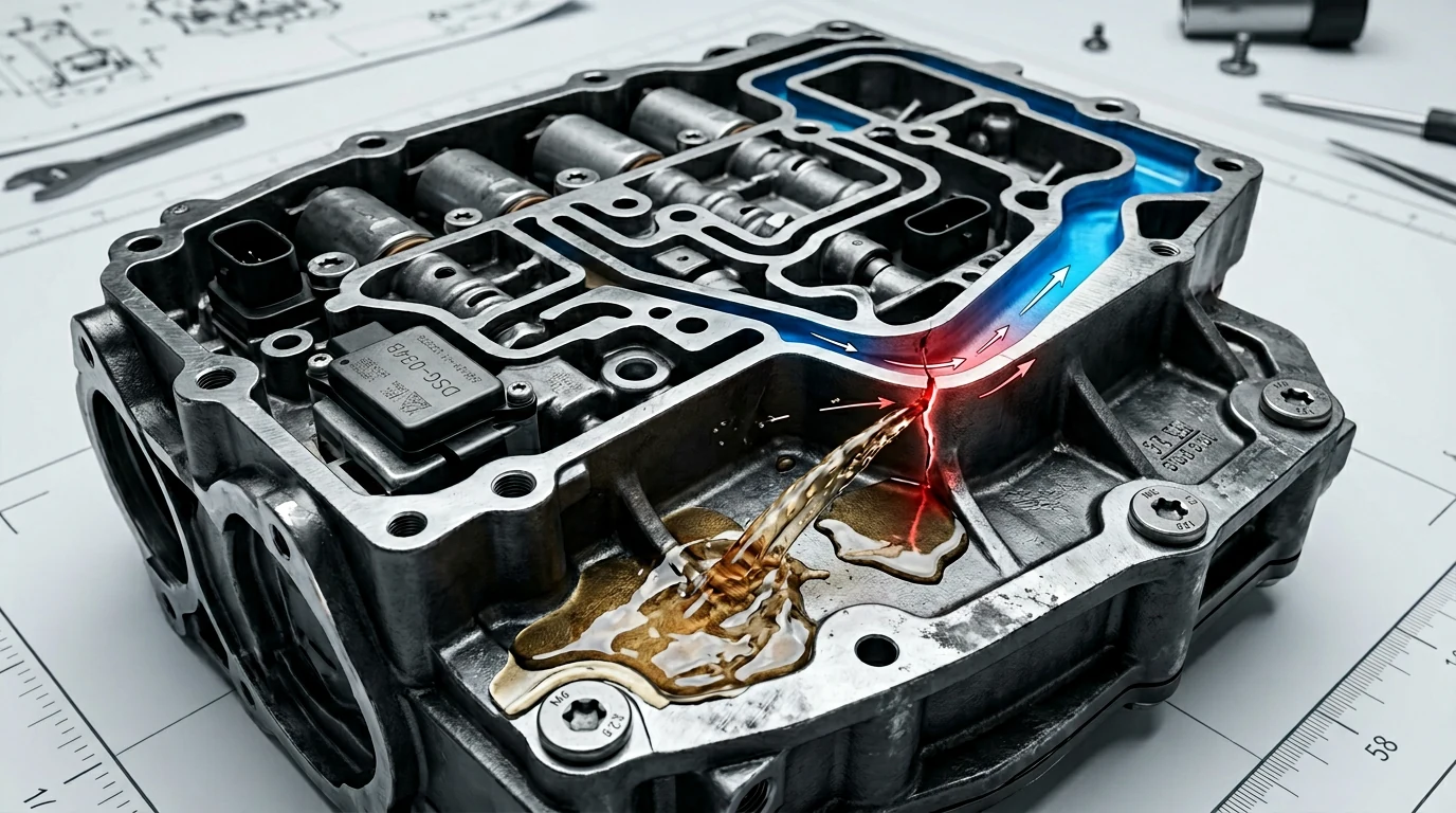 Cross-section of DSG mechatronic housing showing crack in accumulator seat and hydraulic pressure escaping