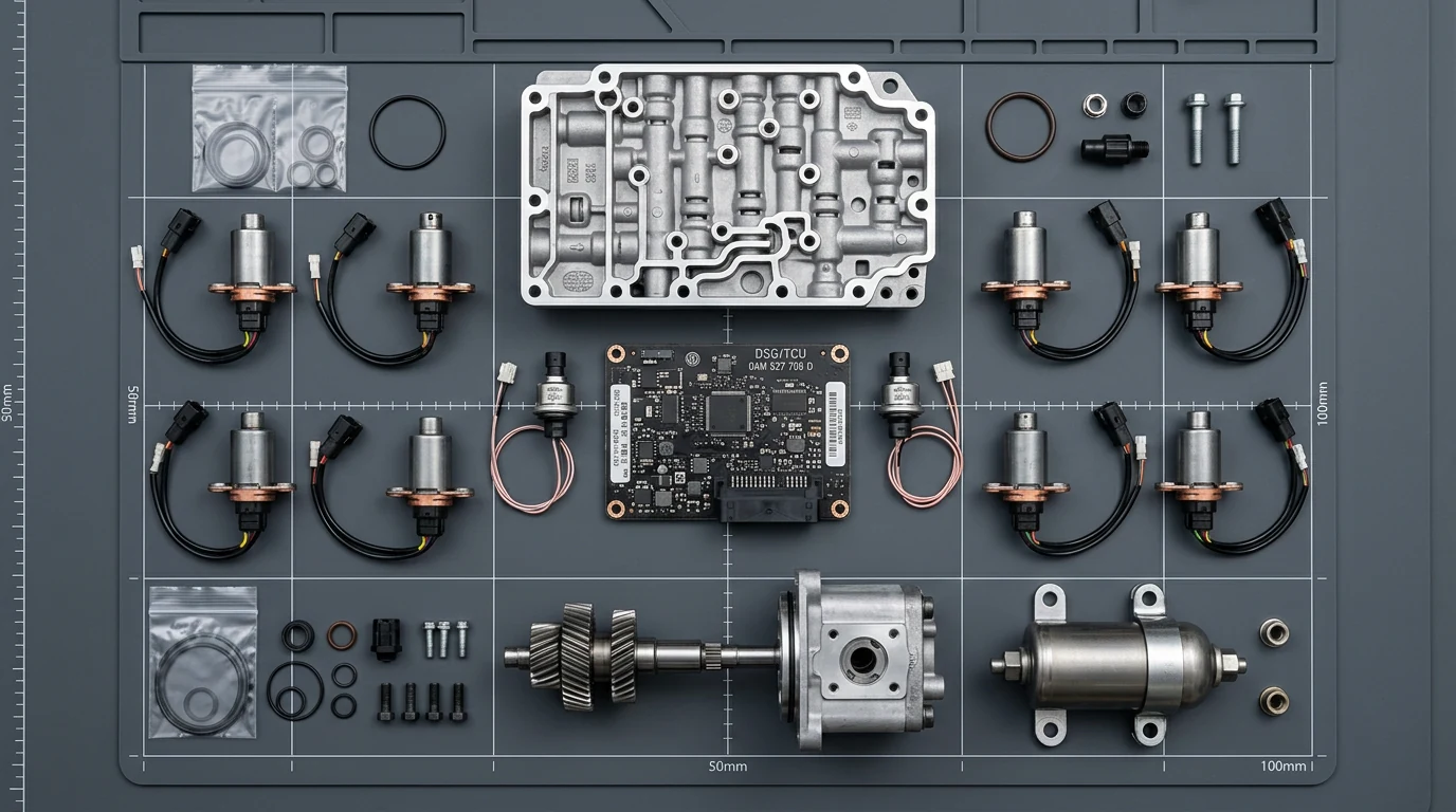 DSG mechatronic fully disassembled — valve body, solenoids, TCU board, hydraulic pump and seals laid out