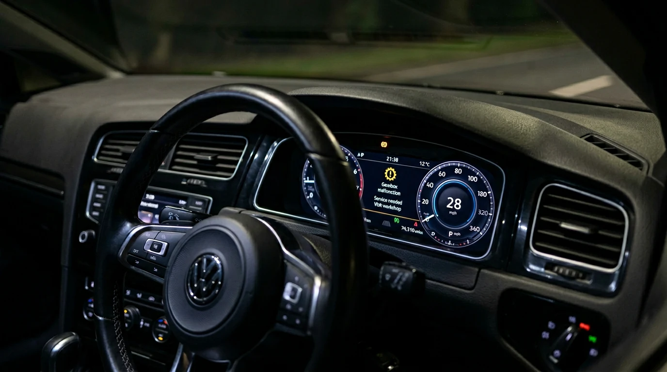 VW Golf dashboard showing the gearbox malfunction warning