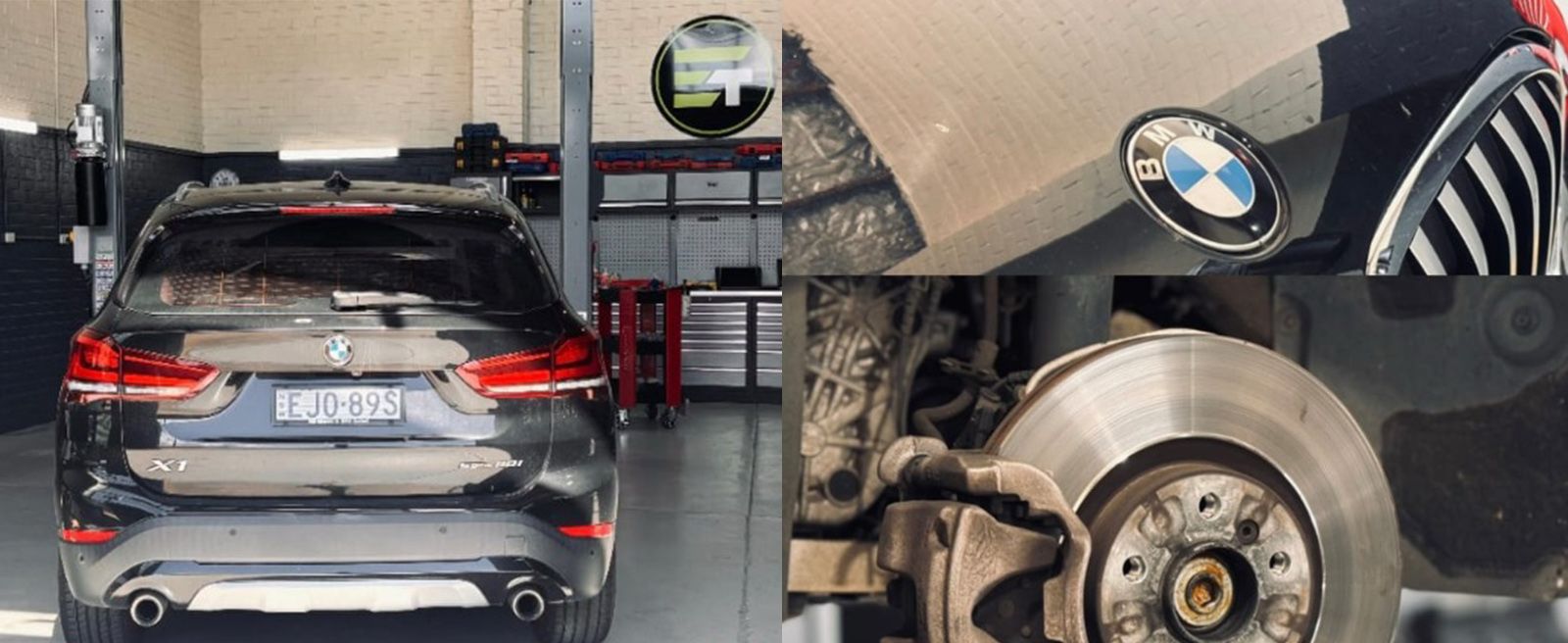 BMW service center with a BMW vehicle being inspected and close-up shots of the BMW logo and brake disc.