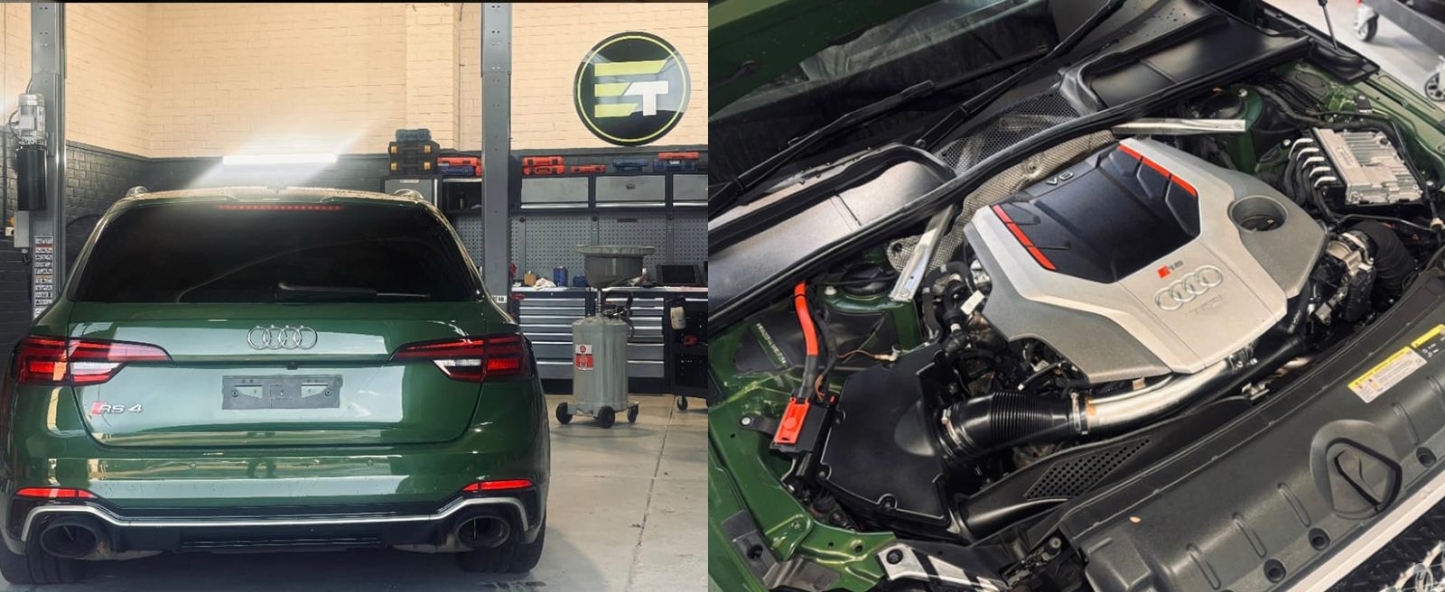 Side-by-side images showing a green Audi RS4 Avant from the rear inside a workshop, and a close-up view of its V6 TFSI engine under the hood, with visible performance tuning components and the RS branding.