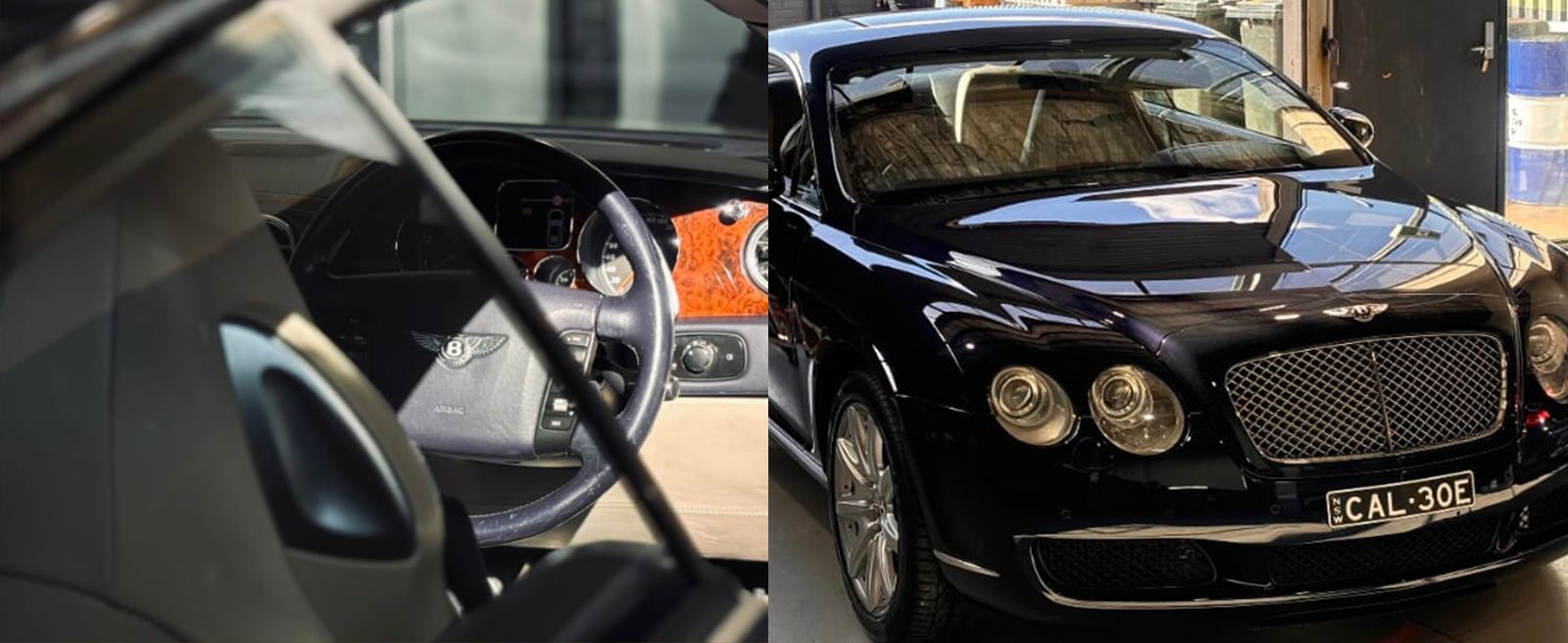 Interior and exterior of a luxury European car, showcasing a Bentley dashboard and a black Bentley sedan, representing premium European vehicles serviced in Canberra.