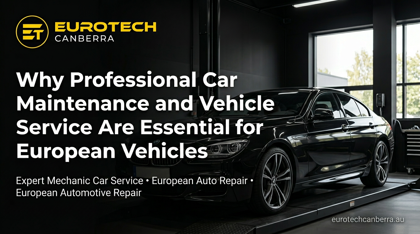 Professional European car maintenance technician performing diagnostic service on a luxury vehicle at Eurotech Canberra